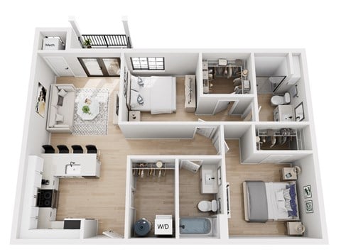 Floor plan for 2 beds, 2 baths, 942 sqft